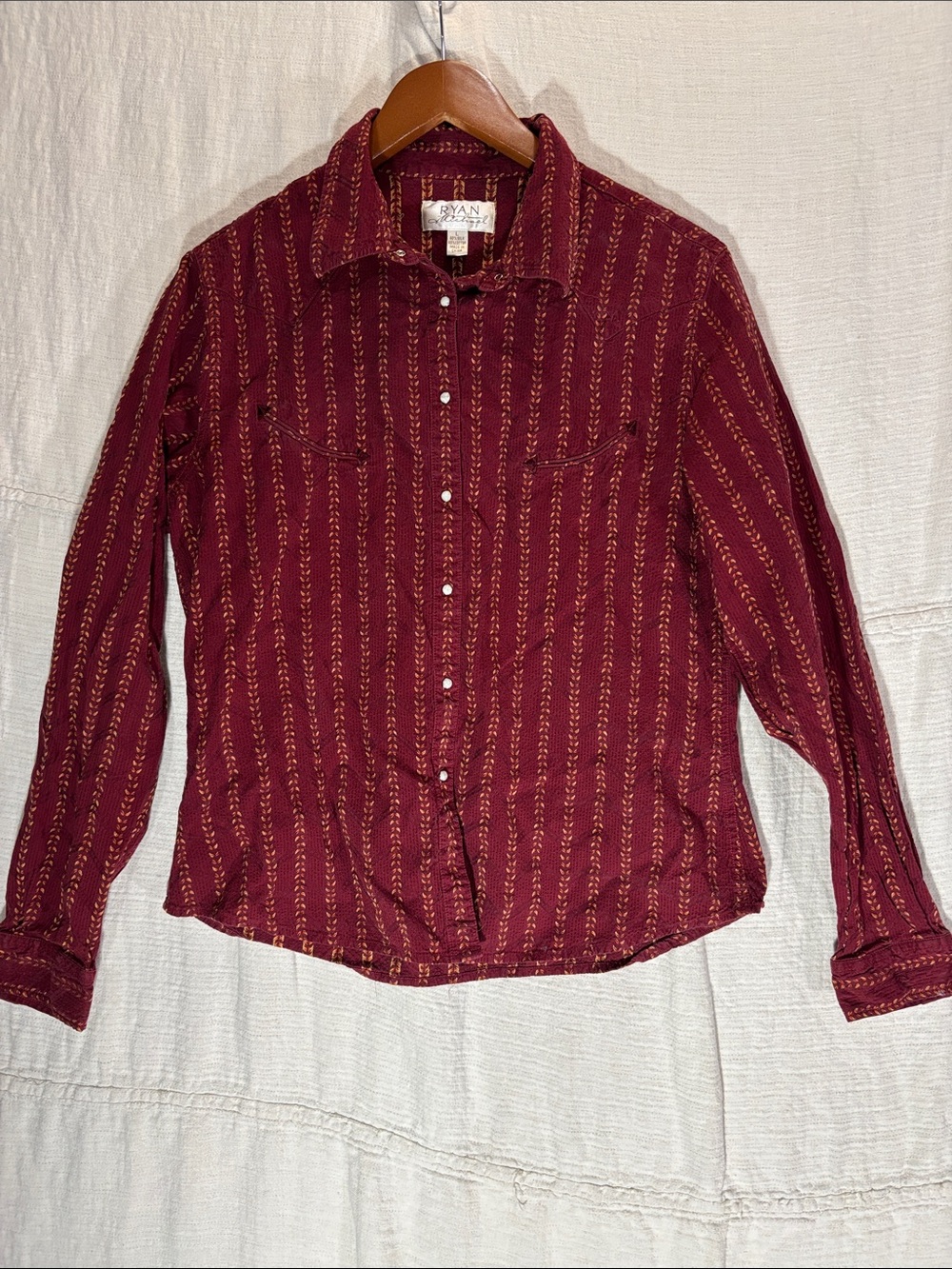 Ryan Michael Silk Cotton Maroon Western Pearl Snap Shirt Size L FLAW
